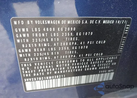 2022 Volkswagen Taos 1.5T Sel z USA, uszkodzony, nr VIN 3VV2X7B21NM038211